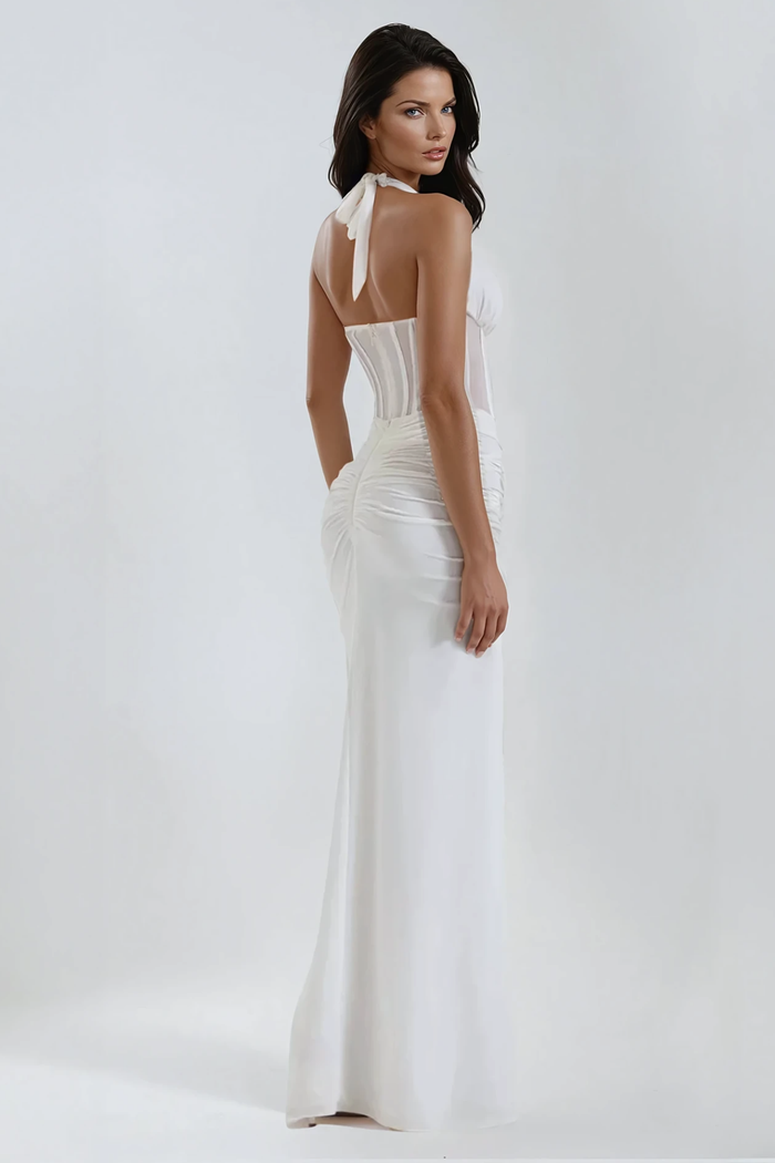 Fancy Halter Neck Corset Maxi Dress In White