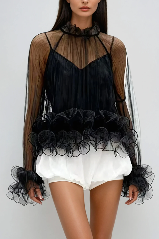 Fanny Ruffle Mesh Top In Black