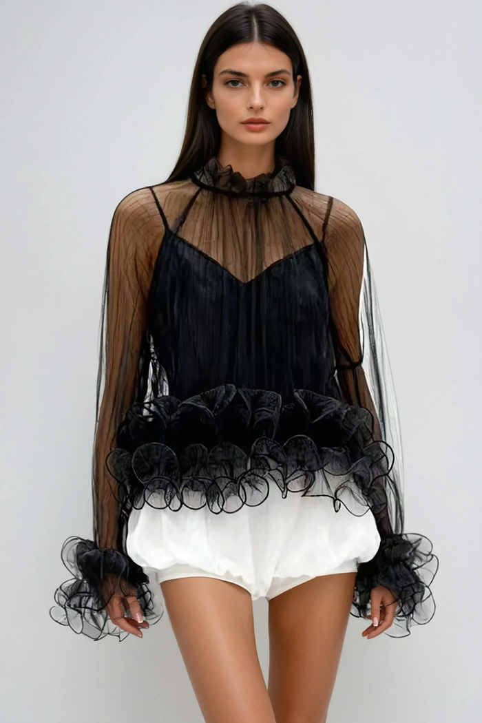 Fanny Ruffle Mesh Top In Black