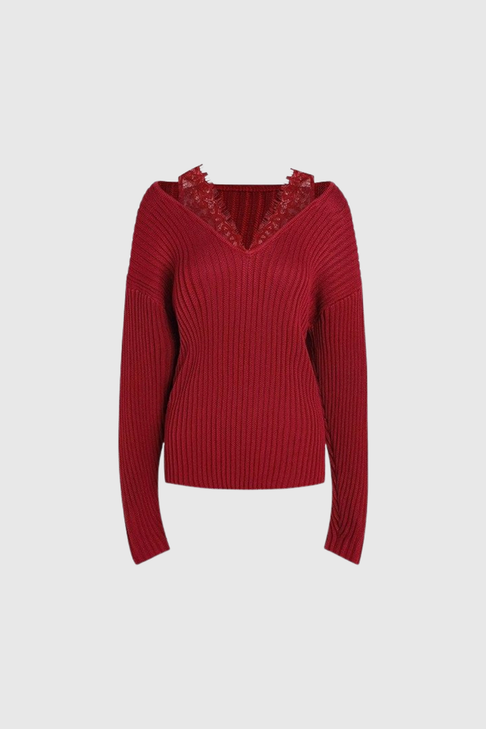 Farangis Lace Deconstruct Knit Top In Red