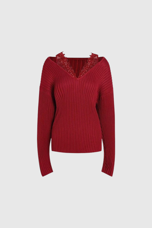 Farangis Lace Deconstruct Knit Top In Red