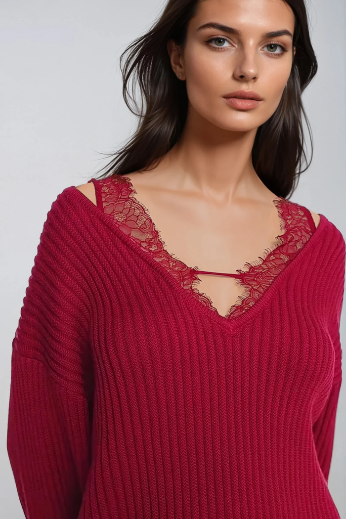 Farangis Lace Deconstruct Knit Top In Red