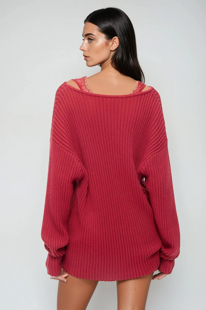 Farangis Lace Deconstruct Knit Top In Red