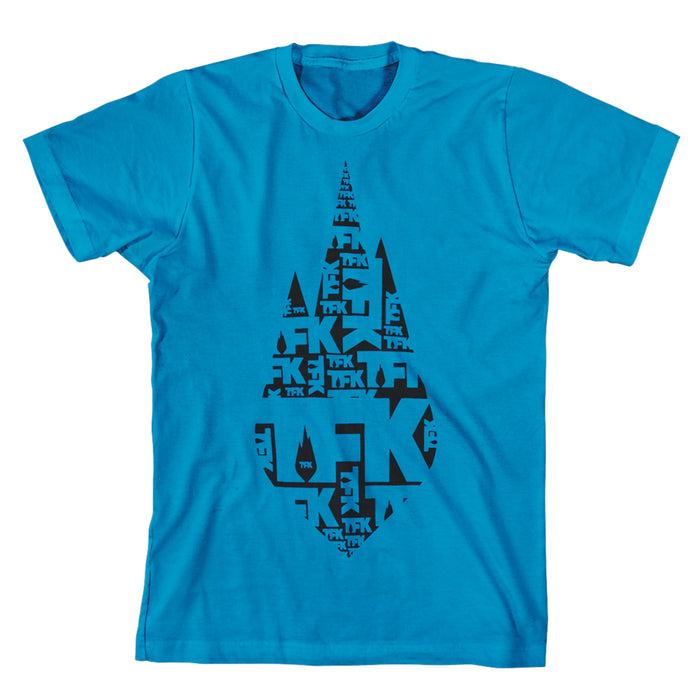 A bright blue Thousand Foot Krutch T-shirt with a black central graphic—a large stylized droplet made up of overlapping abstract shapes and symbols.