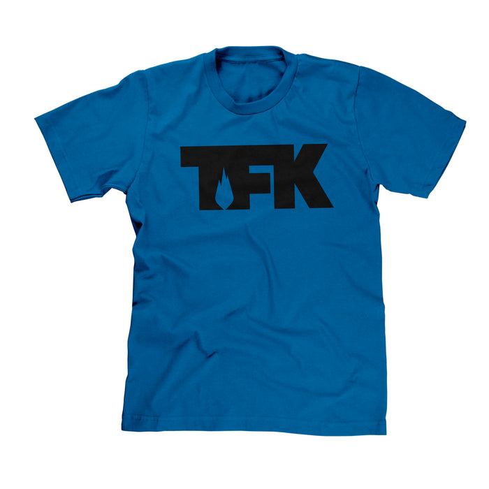 Blue t-shirt by Thousand Foot Krutch featuring large, bold black TFK letters with a drop-shaped design inside the ‘F’ on the front.