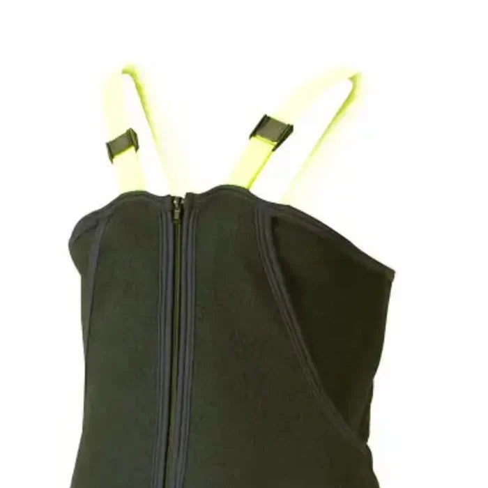 Close up image of the front pockets and zip on a Sub Zero Fleece Unisex Salopettes in black on a white background