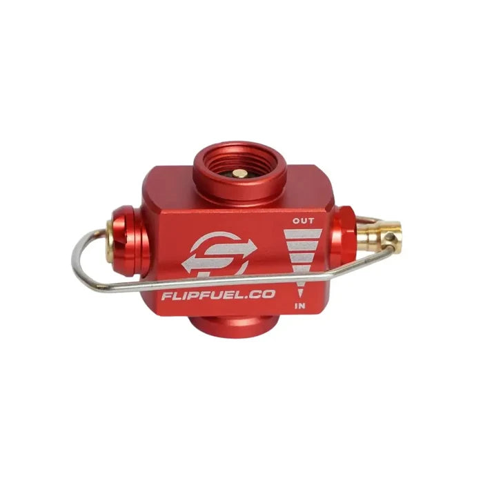 Flip Fuel Transfer Device in red colour showing the top valve and collapsible valve handle