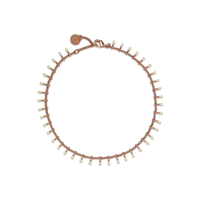 Floating Gemstone Anklet with blue braided cord pink knot and multicolored tassels plus a small round charm.