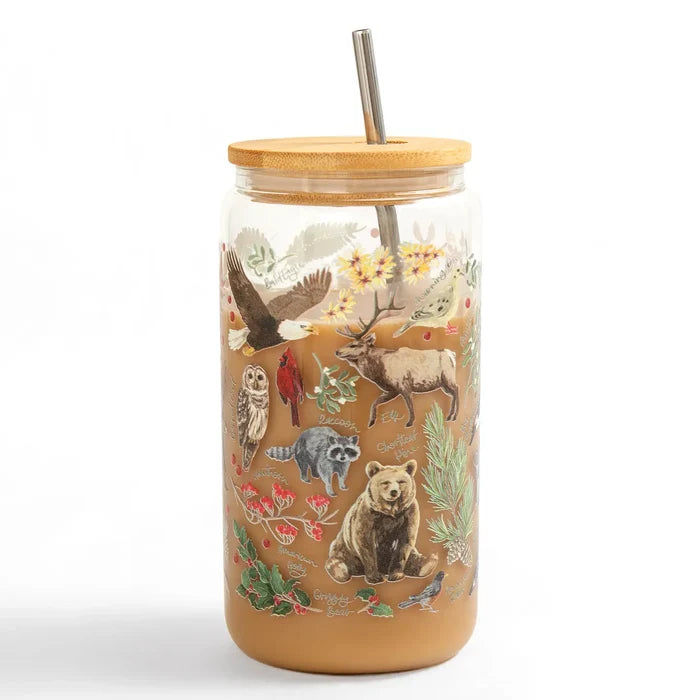 Flora and Fauna Glass Tumbler with bamboo lid and straw featuring woodland animals and plants