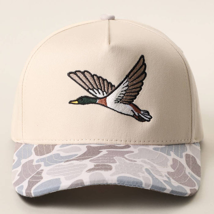 Beige Flying Mallard embroidered camo brim trucker hat front view