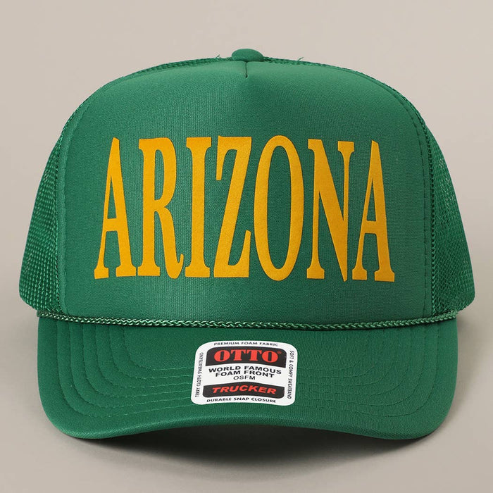 Green foam front trucker hat with bold yellow ARIZONA lettering