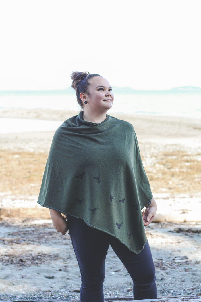 Forest Green Poncho with Birds Print