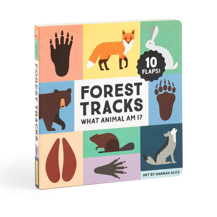 Cover of Forest Tracks What Animal Am I lift the flap board book with bright color panels showing a fox a hare paw prints and a 10 flaps badge