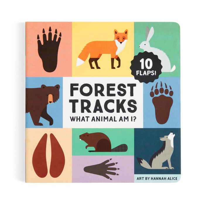 Interior spread from Forest Tracks showing a blue clue panel and coral flap area with I have prickly quills and short strong legs text