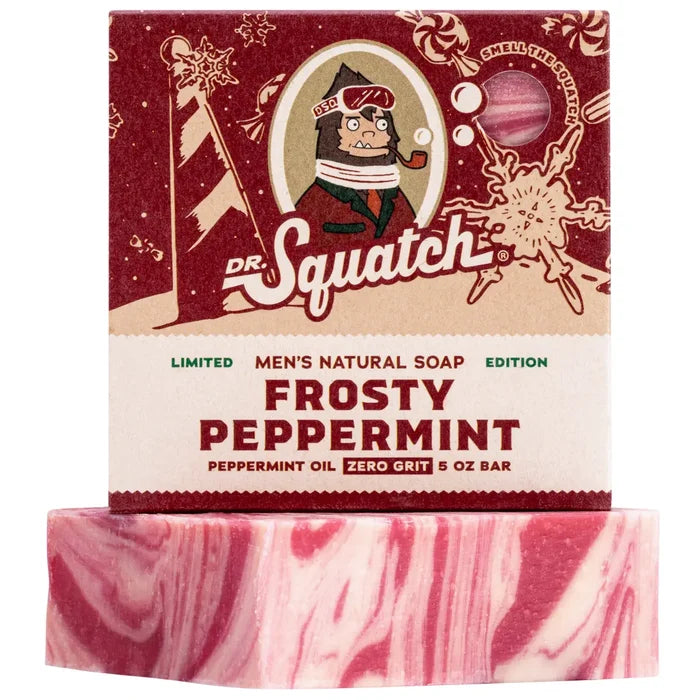 Front of Frosty Peppermint Bar Soap packaging with Dr Squatch logo and bearded founder illustration on burgundy background