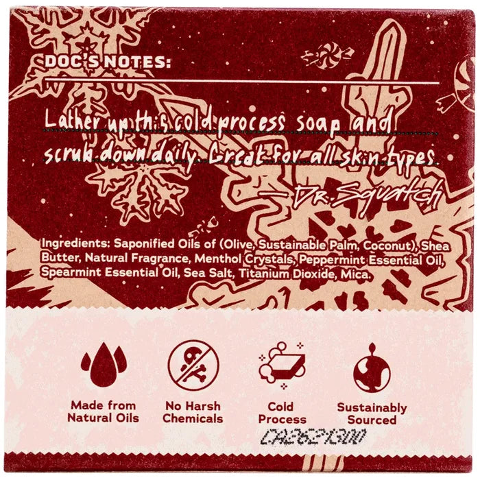 Back of Frosty Peppermint box with ingredients and care icons including natural oils no harsh chemicals and sustainable sourcing
