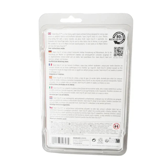 Details on the reverse of the plastic blister packaging for Gear Aid Seam Grip + FC Fast Cure Seam Sealant, on a plain white background