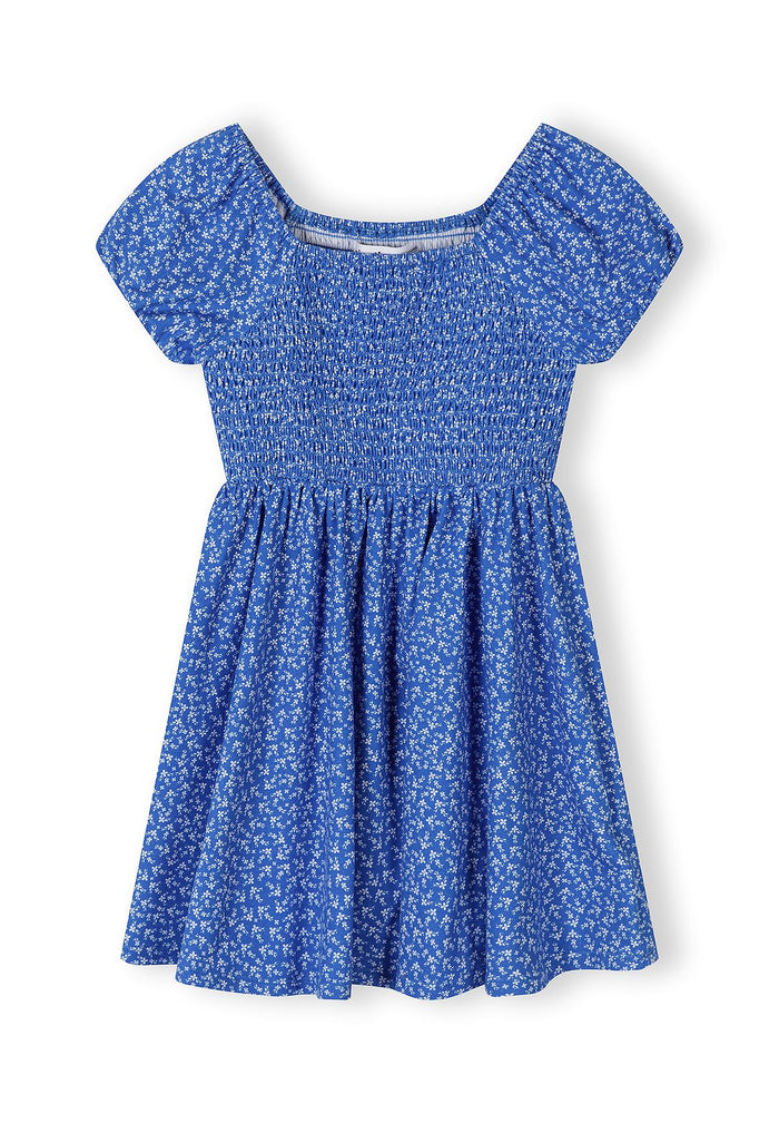 Girls blue floral dress, short sleeves, square neck, elastic back.
