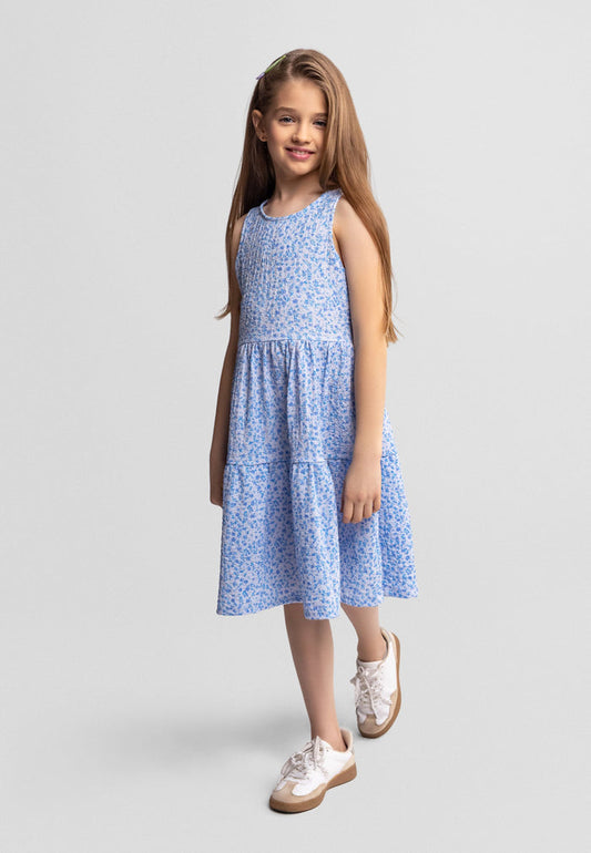 Sleeveless Tiered Dress, Floral Print, Blue - 1