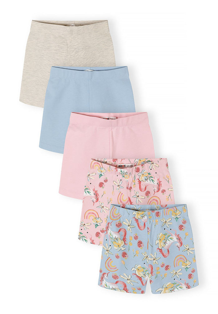 Five-pack girls' bicycle shorts in various colors with unicorn prints, back view.