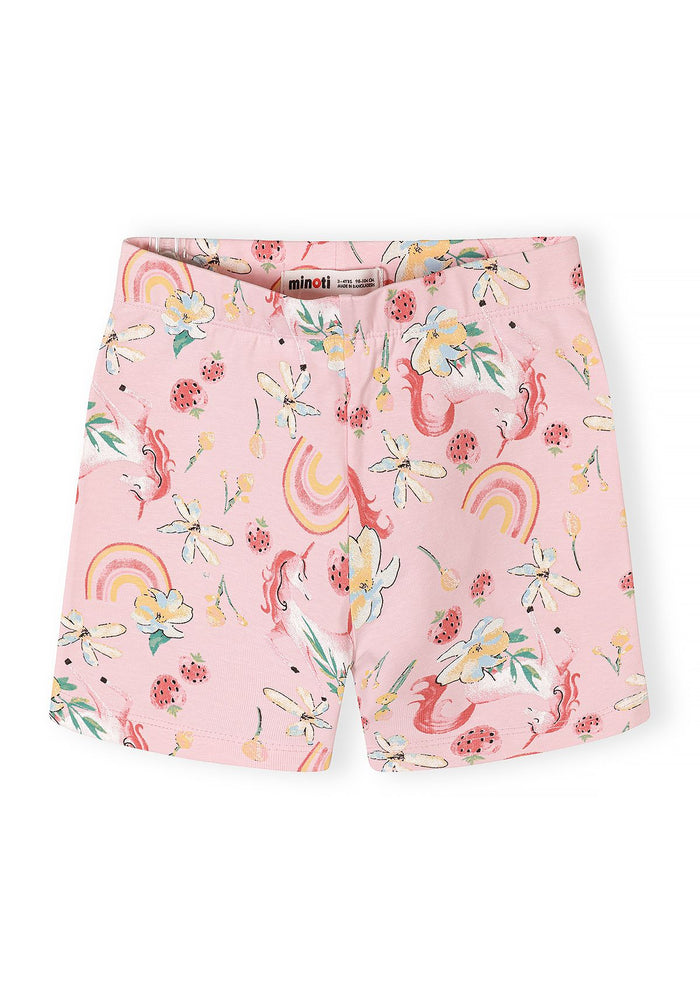 Detail of pink bicycle shorts with unicorn and floral prints, elasticated waistband.
