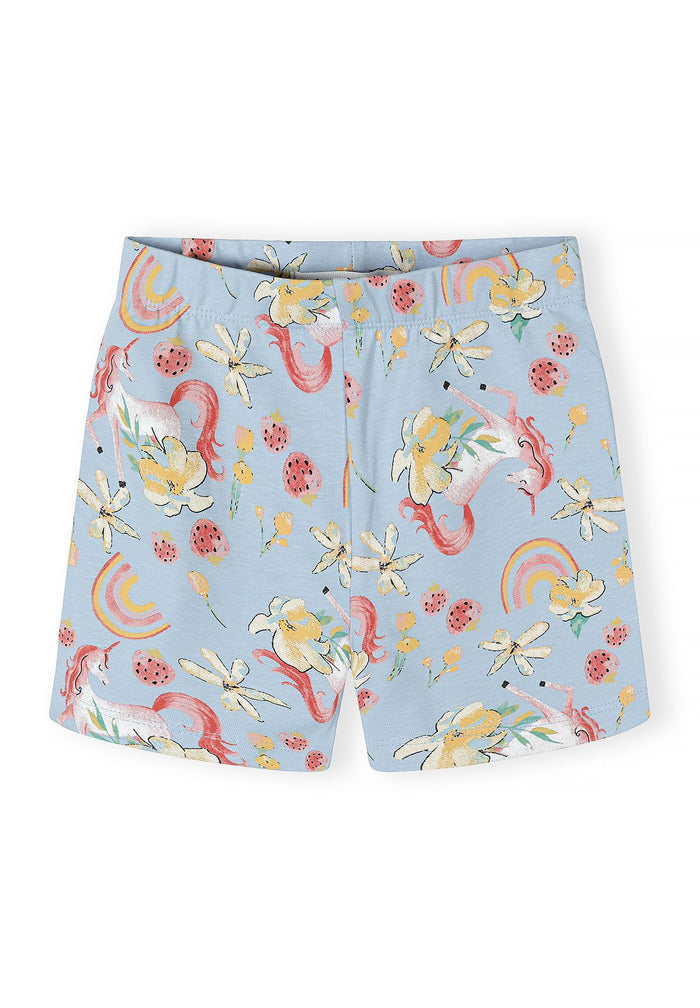 Detail of blue bicycle shorts with unicorn and floral prints.
