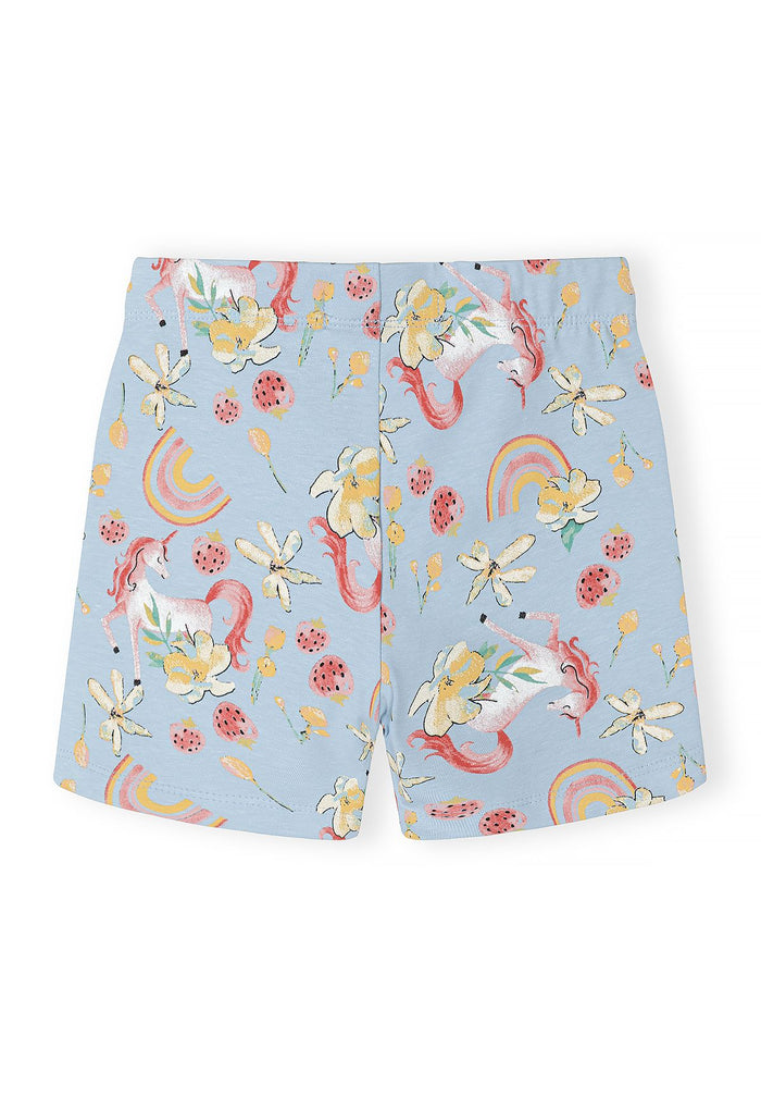 Detail of blue bicycle shorts with unicorn print, flowers, and rainbows.