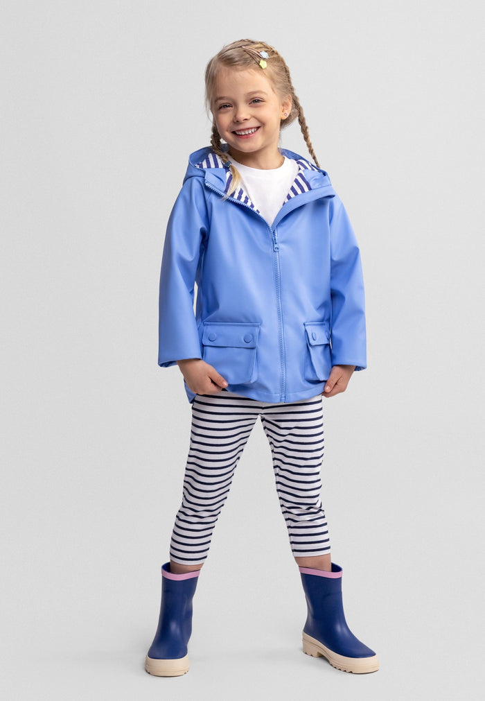 Girls blue waterproof rain jacket, front view, featuring a fixed hood and two front pockets.