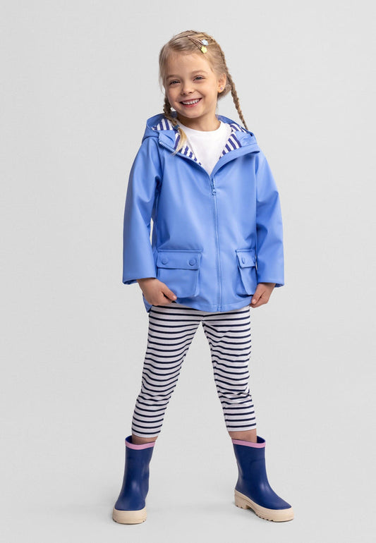 Girls blue waterproof rain jacket, front view, featuring a fixed hood and two front pockets.
