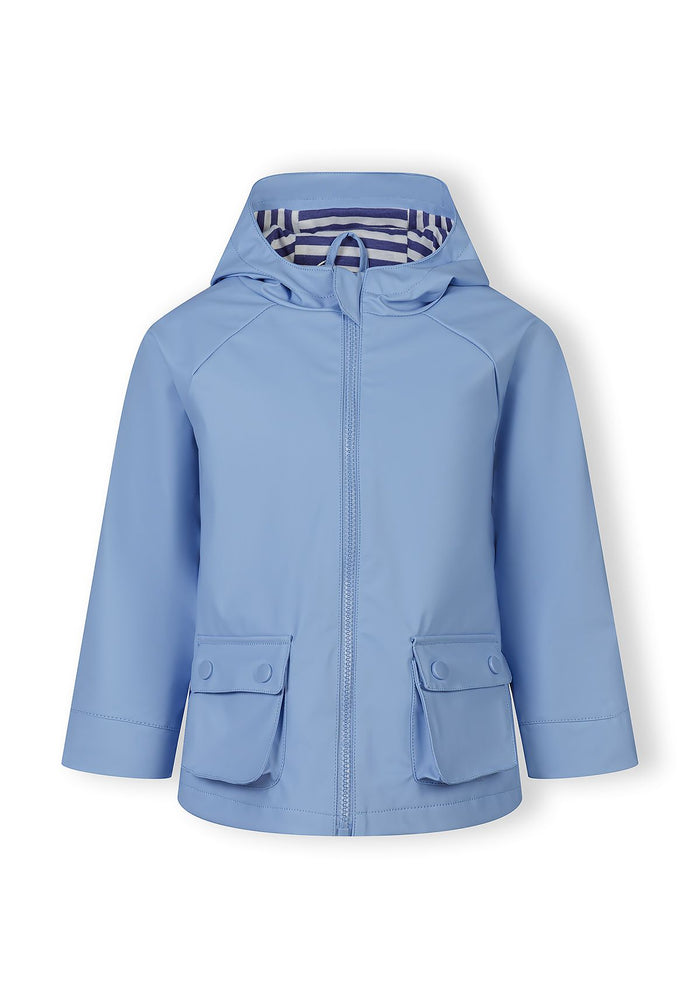 Front view of a girls' waterproof blue rain jacket with a fixed hood and two front pockets.