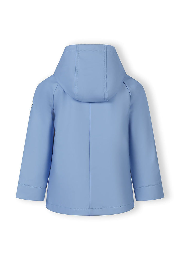 Back view of a girls' waterproof blue rain jacket with a fixed hood.