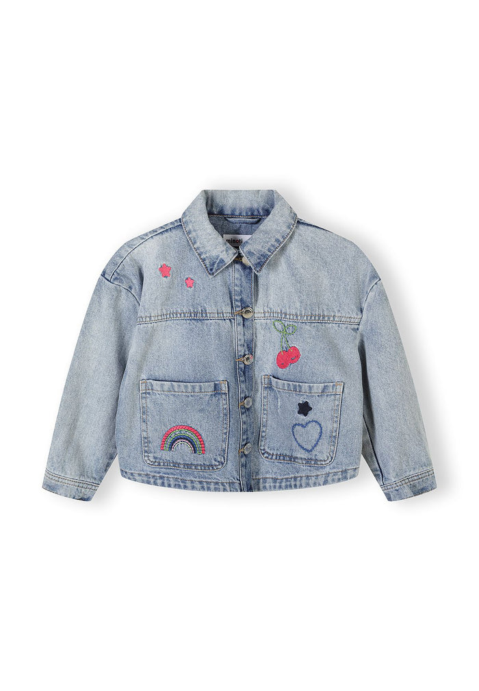Girls denim jacket with floral embroidery, front view, two chest pockets.
