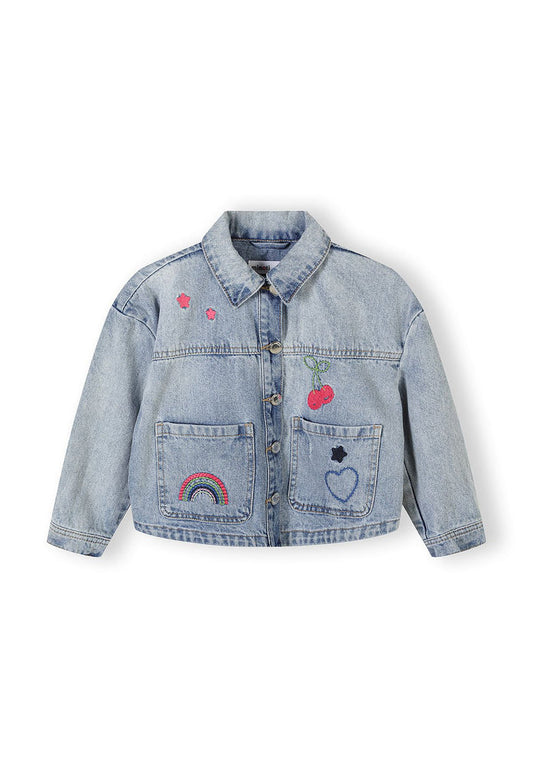 Girls denim jacket with floral embroidery, front view, two chest pockets.
