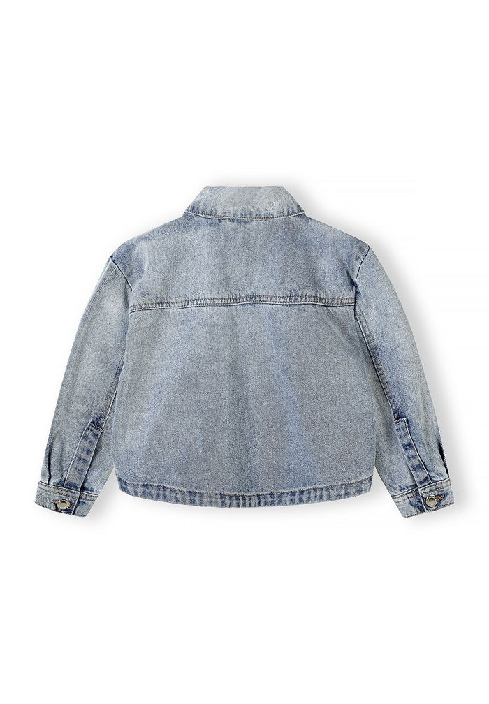 Back view of a girls' blue denim jacket with a traditional collar and buttoned cuffs.