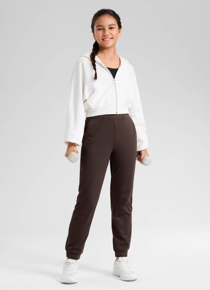 CRZ YOGA Girl's Cloud Jersey Casual Mid Rise Drawstring Pocket Jogger Hot Fudge Brown