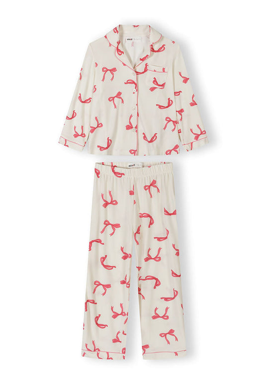 Pyjama Set Long Sleeve, Bow Print, Cream Pink - 1