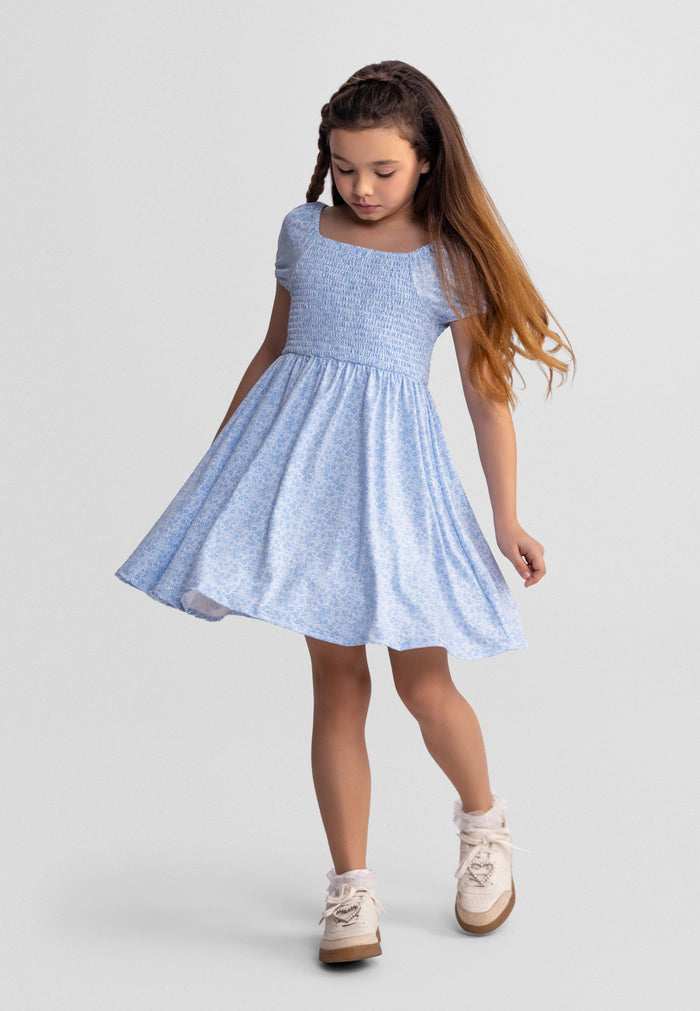 Girls light blue floral summer dress, loose fit, short sleeves, square neckline.