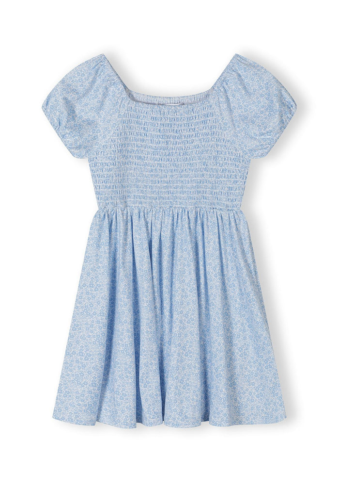 Girls light blue floral summer dress, loose fit, short sleeves, square neckline.