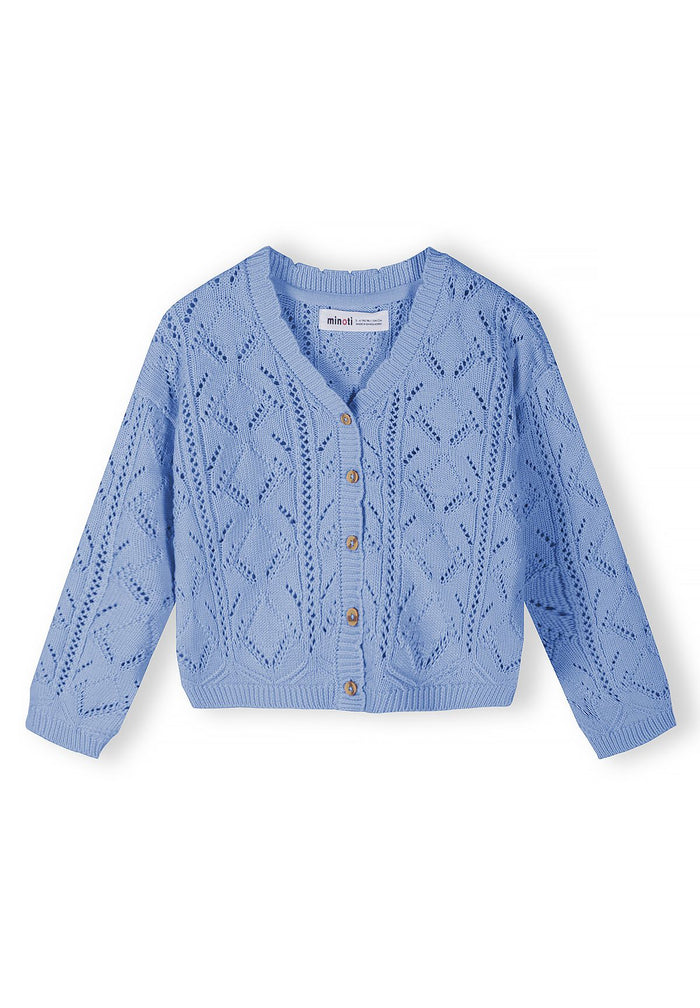 Light blue button cardigan for girls, featuring a pointelle knit pattern and ribbed cuffs.