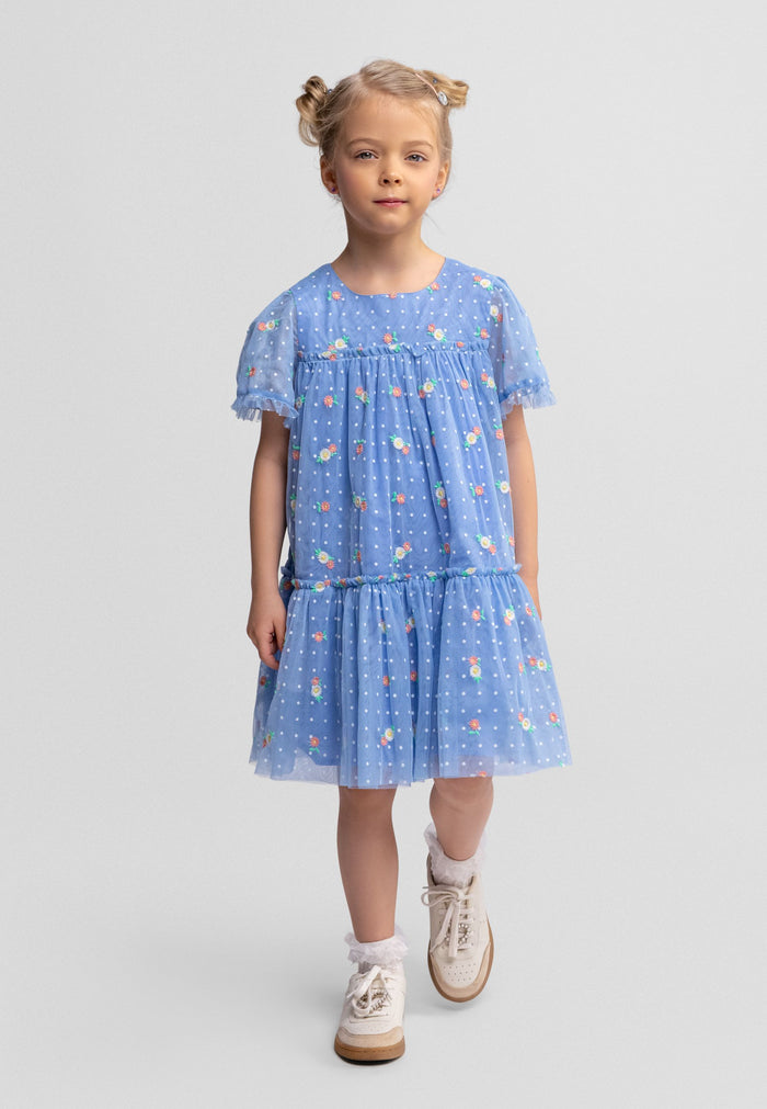 Girls blue embroidered tulle dress with tiered skirt and short sleeves, front view.