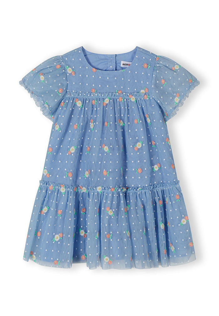 Girls blue embroidered tulle dress with short sleeves and tiered skirt, front view.