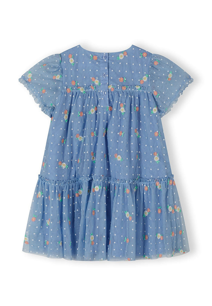 Girls blue embroidered tulle dress, back view, short sleeves, tiered skirt.