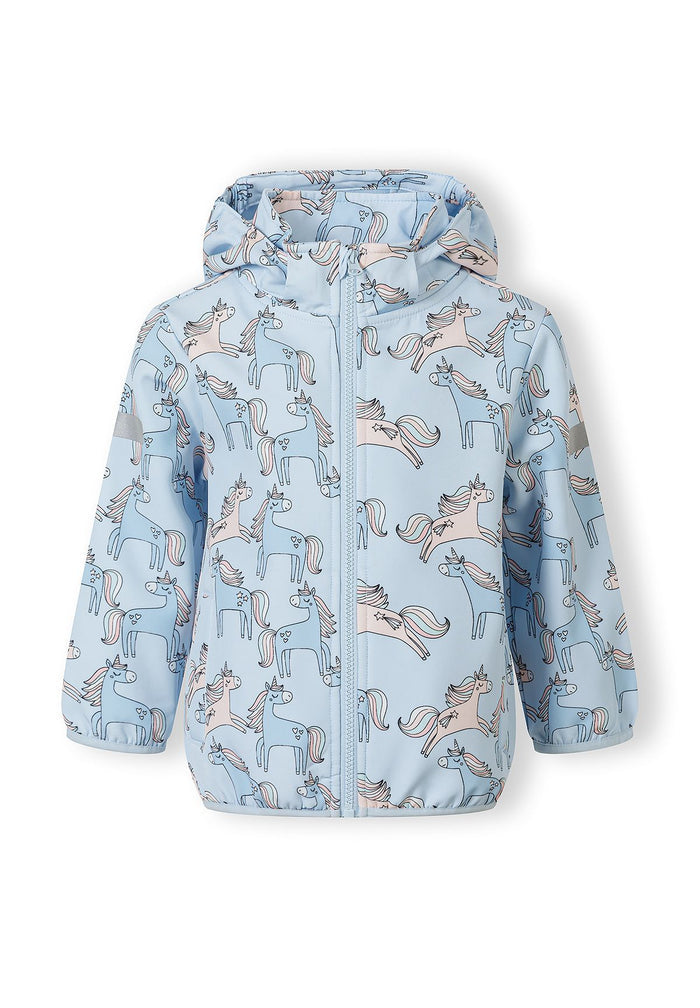 Girls light blue softshell jacket with unicorn print, front view, full-length zip and removable hood.