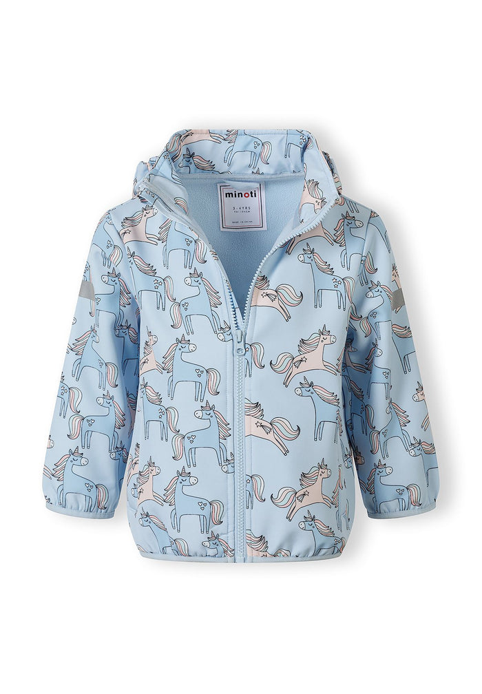 Girls light blue softshell jacket with unicorn print, front view, full-length zip and removable hood.