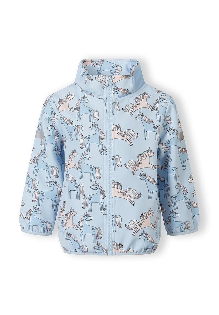 Girls light blue softshell jacket with unicorn print, front view, full-length zip.
