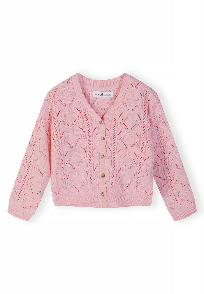 Girls pointelle knit cardigan, light pink, front view with full button closure.