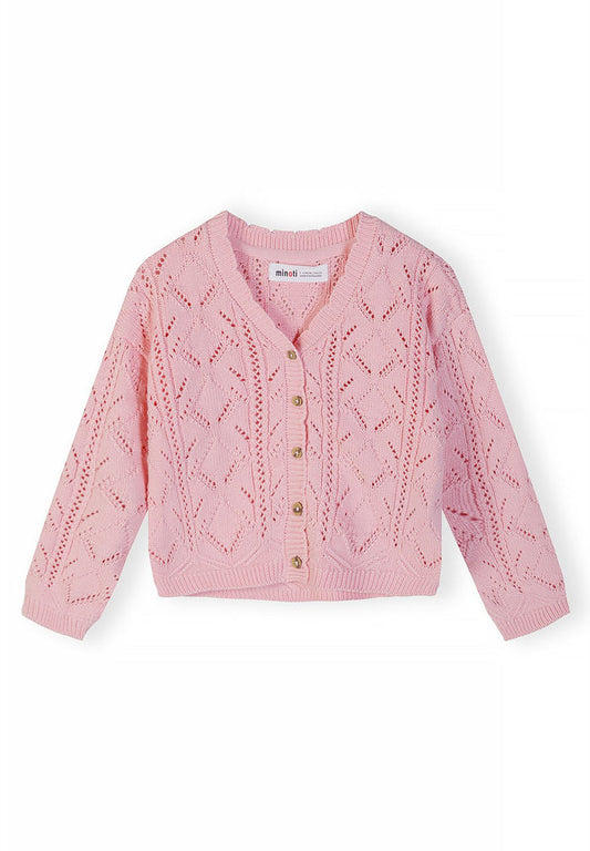 Girls pointelle knit cardigan, light pink, front view with full button closure.
