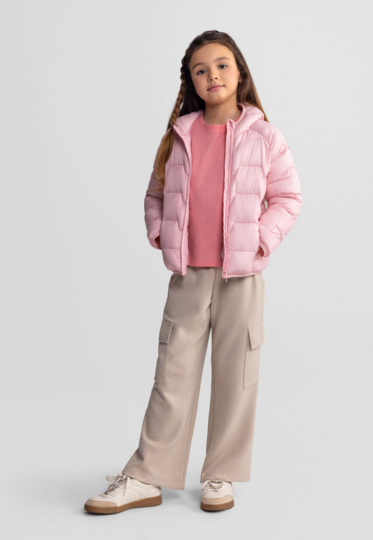 Front view of a girls' lightweight pink hooded jacket with a full-length zip and elasticated cuffs.