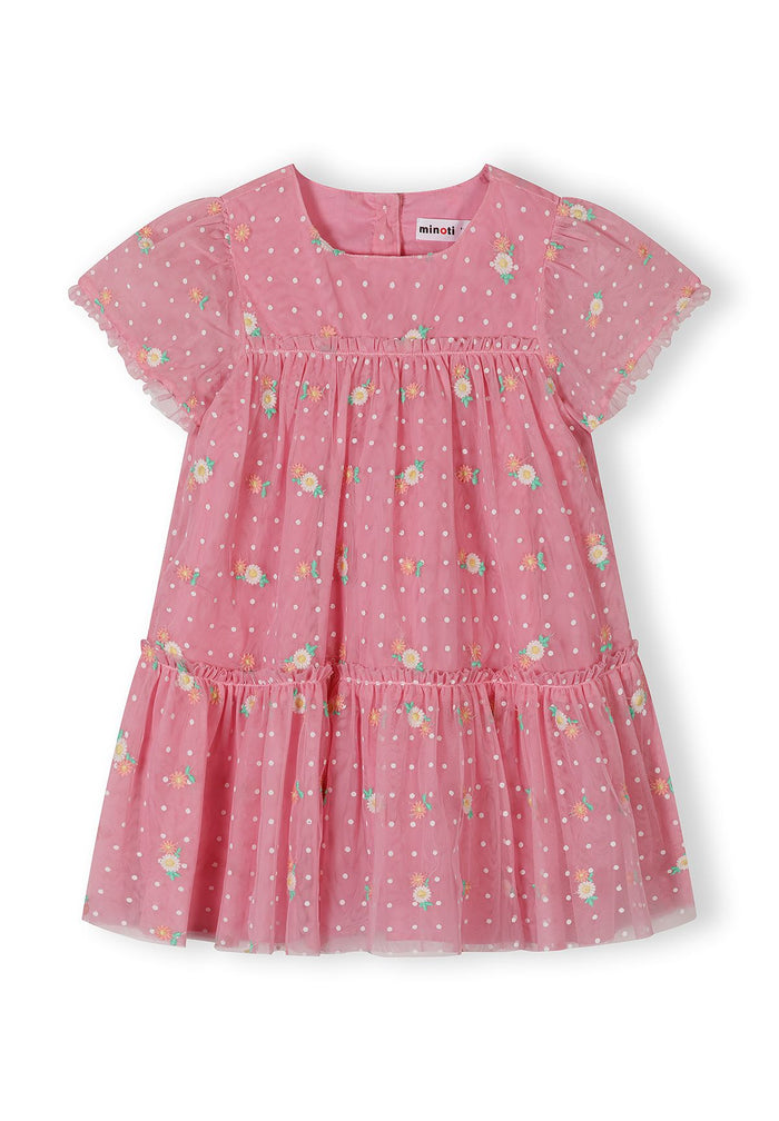 Girls pink floral embroidered tulle dress, short sleeves, back button closure.