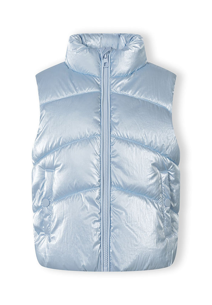 Girls quilted waistcoat in metallic light blue, front view with zip fastening and side pockets.